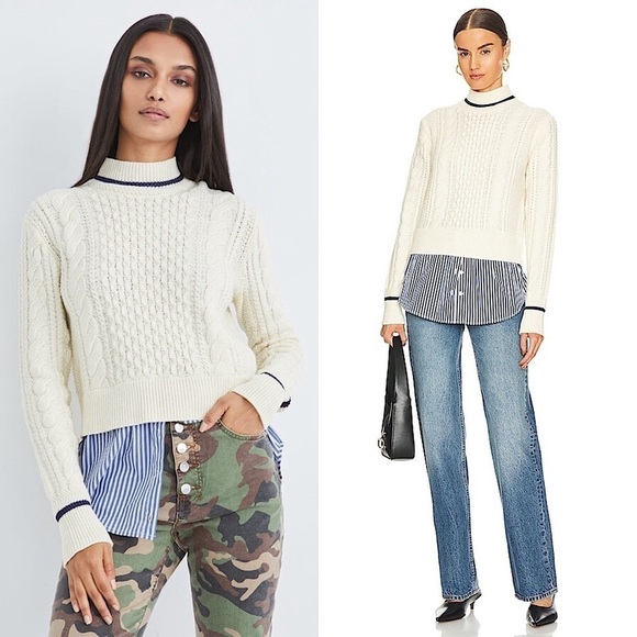 VERONICA BEARD Cable Knit Long Sleeve Shirt Hem Layered Mockneck Crop Sweater S - Picture 1 of 12